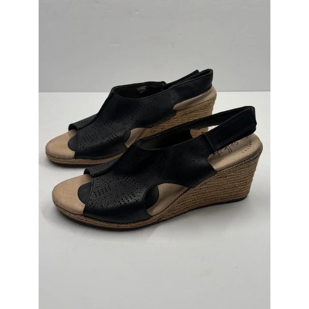 Clarks Lafely Rosen Wedge Sandals Black Leather Espadrille Slingback 7.5M